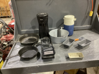 ANGEL FOOD PAN, GRATER, ICE COFFEE MAKER, MINI LOAF PANS, WELL USED CAST FRY PANS