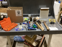 BOX W/SHOP SUPPLIES-HAMMER, HATCHET,SCREWDRIVERS,PAINT STRIPPER,CAULKING GUN