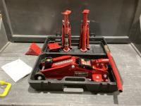 FLOOR JACK,ROAD CHOCKS + JACK STANDS IN A STORAGE CASE