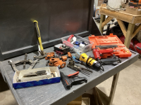 BRAD NAILER, GLUE GUNS, GRINDER, FLARING TOOL, TESTER(LEADS DAMAGED), SQUEEZE DRIVER, PULLER, HAMMERS, (2) 3/4&rdquo; PONY CLAMPS(NO PIPE)