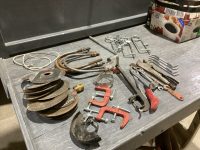 BOX W/VISE GRIPS, PLIERS, EDGING CLAMPS,BRAD DRIVER, GEAR WRENCHES,CLIPS