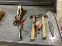 VINTAGE HAMMERS, 198 CARBORUNDIUM SHARPING STONE, ROTARY HAND GRINDER, SARGENT PLANE, LEATHER PUNCH