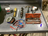 GREEN CRATE W/MC HAMMER, CH IMPACT,CH AIR RATCHET, SOCKET SET, SAWZALL BLADES, GRINDER BLADES, MULTI METER