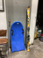 SALOMON DOWNHILL SKIS AND SNOW SLED