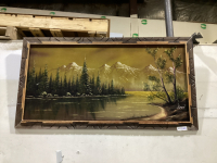 VINTAGE PAINTING ON VELVET - MOUNTAIN SCENE