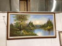 LARGE OIL PAINTING OF A LAKE HOUSE W/ WOOD FRAME