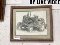 SMALL PENCIL SKETCH TRACTOR PICTURE WITH WOOD FRAME