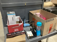 2 BOXES - HAIR TOOLS, FRENCH FRY CUTTER, MASSAGER, SMALL BLENDER, WATER BOTTLES, ETC