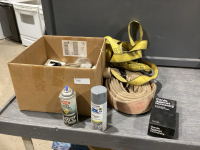 TOW STRAPS, RATCHET STRAPS, CARD GAME , CANS OF PRIMER, HARDWARE