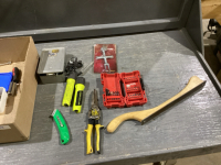 BOX W/PLUGS + DRAIN WRENCH, BODY FILE, STANLEY TIN SNIPS, MISC