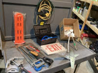 2 BOXES- HACKSAWS,SMALL SQUARE,CHAINSAW BAR,EXTENSION CORDS, COPING SAW,HARDWARE