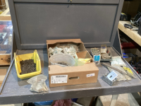 BOX OF HARDWARE -&ldquo;H&rdquo; CLIPS, BIFOLD DOOR HARDWARE, ELECTRICAL BOXES, JD. T HANDLE, STAPLES 3/8 X 1 1/8&rdquo;