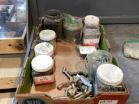 BOX OF HARDWARE -ALUMINUM FASCIA NAILS,LEE VALLEY REAR DRAWER SOCKETS, HYPOTHERM CUTTING TIPS,(11) CONTAINERS SCREWS, WINDOW CRANKS