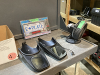 TOW MIRRORS, SCROLLING LICENSE PLATE FRAME, SUNBEAM FAN