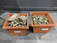 2 FLOWER POTS FULL OF CUPBOARD DOOR HINGES