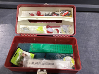 RED PLASTIC TACKLE BOX W/ SOME TACKLE