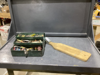 METAL TACKLE BOX FILLED W/ TACKLE AND FISH CLEANING BOARD