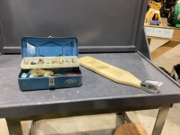 "OLD PAL" METAL TACKLE BOX W/ SOME TACKLE AND FISH CLEANING BOARD