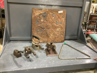 ANTIQUE ITEMS - TIN DECORATIVE PLATE, GAS IRON, SAMSON HOLE PUNCH, SAD IRONS