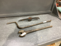ANTIQUE CRANK, PICK AXE HEAD, LARGE WRENCH