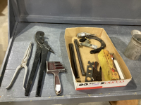 ANTIQUE TOOLS - CHAIN BREAKER, WRENCH, TAXIDERMY TOOL, HYDROMETER, (3) STAR DRILLS, OIL CAN SPOUT