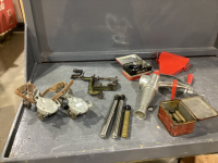 BOX W/ VINTAGE JUICER, TRAVEL IRON IN METAL BOX, APPLE PEELER, ETC