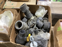 BOX W/ PLUMBING SUPPLIES - VALVES, CAM LOCKS, SPLITTERS, ETC