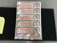 (5) 1954 $2 BILLS IN CONSECUTIVE SERIAL NUMBERS -MACHINE DAMGED