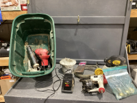 GREEN TOTE WITH - WAGNER PAINT SPRAYER, COIL NAILER, POT LIGHT, FLOOR VENT, SOME PLUMBING ITEMS, PNEUMATIC GREASE GUN
