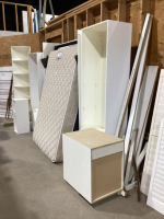 MURPHY BED W/ SERTA DOUBLE MATTRESS, CORNER SHELF, CABINETS, (2) SIDE SHELVES, SINGLE DOOR CABINET, DESK TOP