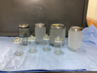 GLASS STORAGE JARS - (3) IKEA FROSTED JARS, (4) SMALL JARS ,