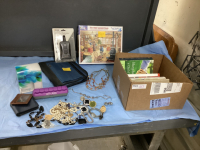 BOX W/ CHRISTIAN BOOKS, BLOCK HEATER TIMER, PUZZLE, PILL BOX, COSTUME JEWELRY, CAR DIFFUSER