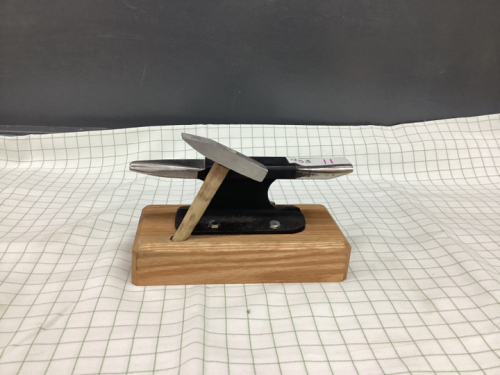 SMALL HANDMADE ANVIL AND HAMMER ON WOOD BASE