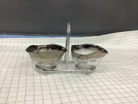 VINTAGE FLUTED GLASS CONDIMENT DISHES ON METAL CADDY