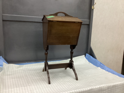 ANTIQUE SEWING BOX ON STAND W/ FOLD OUT TOP