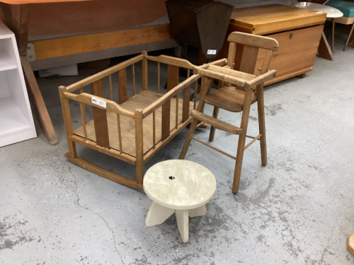DOLL FURNITURE - CRADLE, HIGH CHAIR & STOOL