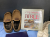 BOX W/ BABY BLANKETS, FRAMES, BIBLES, MOCCASIN SLIPPERS - 2