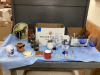 (2) BOXES W/ MISC BEVERAGE GLASSES, "ELEVATOR" DECANTER, FLASK, METAL TRAY WI HORSE DECOR