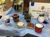 (2) BOXES W/ MISC BEVERAGE GLASSES, "ELEVATOR" DECANTER, FLASK, METAL TRAY WI HORSE DECOR - 4
