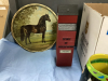(2) BOXES W/ MISC BEVERAGE GLASSES, "ELEVATOR" DECANTER, FLASK, METAL TRAY WI HORSE DECOR - 5