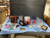 BOX W/ PILATES BALL, SLEEPING MASK, BATH SALTS, GOLD FISH BOWL, JEWELRY BOX, "WINE" CARDS