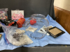 BOX W/ PILATES BALL, SLEEPING MASK, BATH SALTS, GOLD FISH BOWL, JEWELRY BOX, "WINE" CARDS - 4