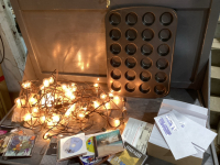 BAKING TINS, PATIO LIGHTS, CANDLES, ENVELOPES, CDS