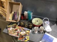 2 BOXES, SLICE-O-MATIC, ANGEL FOOD PAN, BOWLS, GLASSES, CREAM SUGAR SET, RECIPES MAGAZINES