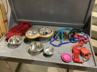BOX OF PET DISHES, SWEATER, LEASHES