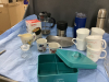 (2) BOXES HOUSEHOLD ITEMS - CORNING MUGS, LUNCH THERMOSES, TEA BAG HOLDER, FRENCH PRESS, PLATTERS, - 2