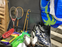 2 DUFFEL BAGS W/SKATES, BOX OF RACKETS