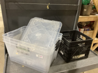 3 CLEAR TOTES W/LIDS, 1 CRATE