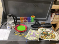 2 BOXES BBQ ITEMS & KETTLE & GLASSWARE