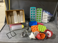 2 BOXES SQUEEZE BOTTLES, FUNNELS, ICE CUBE TRAYS & MISC